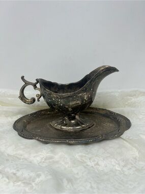 Vintage Silver Plated Gravy Boat with Matching Tray in Patina